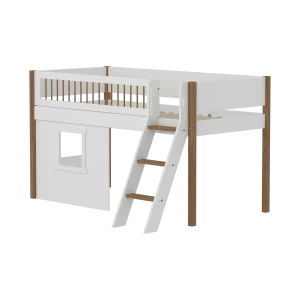 High Bed 120 cm with Treehouse, Slanting Ladder and Safety Rail, 90x200 cm, NOR White, Crossbars, White Window