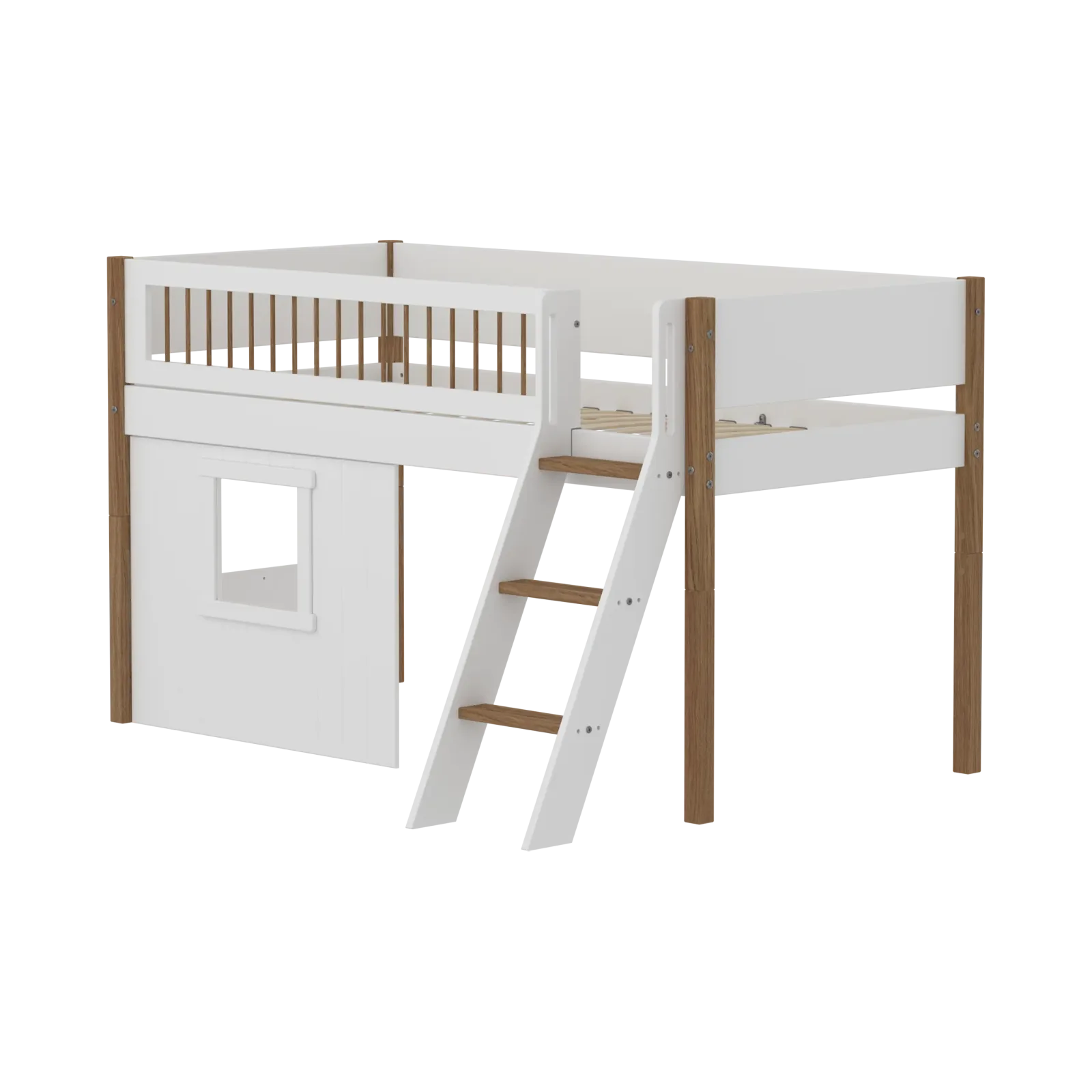High Bed 120 cm with Treehouse, Slanting Ladder and Safety Rail, 90x200 cm, NOR White, Crossbars, White Window