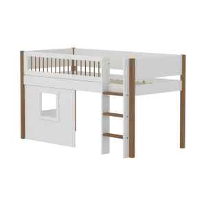 High Bed 120 cm with Treehouse, Straight Ladder and Safety Rail, 90x200 cm, NOR White, Crossbars, White Window