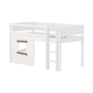 High Bed 120 cm with Treehouse, Straight Ladder and Safety Rail, 90x200 cm, WHITE, Crossbars, Oak Window
