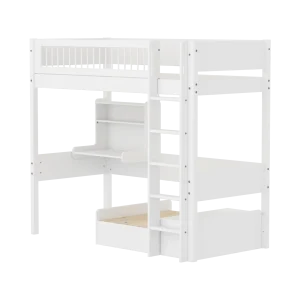 High Bed 184 cm with Desk, Sofa, Straight Ladder and Safety Rail, 90x200 cm, WHITE, Crossbars