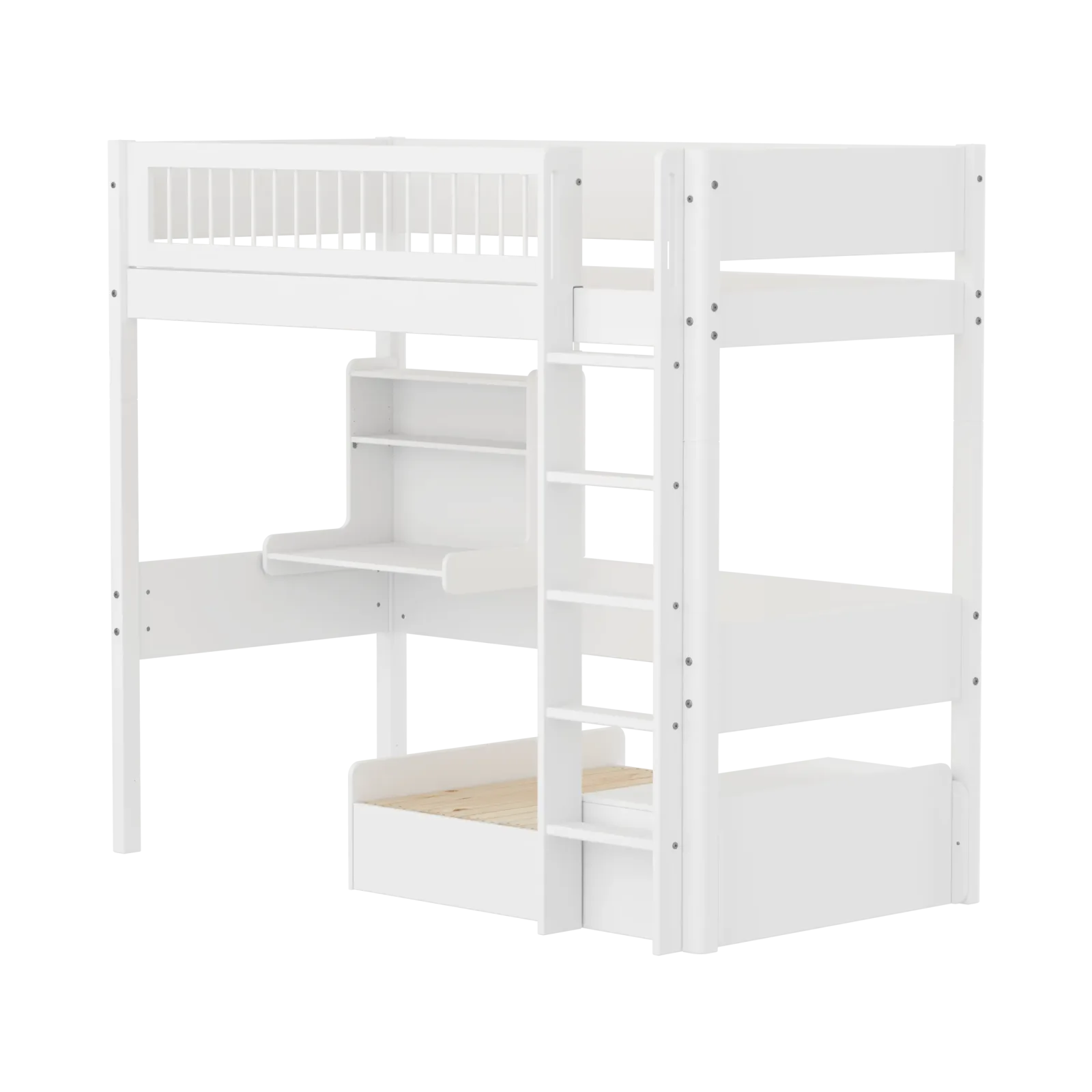 High Bed 184 cm with Desk, Sofa, Straight Ladder and Safety Rail, 90x200 cm, WHITE, Crossbars