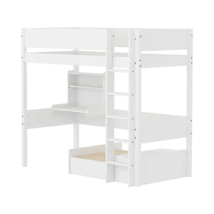 High Bed 184 cm with Desk, Sofa, Straight Ladder and Safety Rail, 90x200 cm, WHITE, Grooves