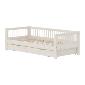 Single Bed 90x200 cm with Pull-out Bed 90x190 cm and Safety Rail with Crossbars, CLASSIC White Washed