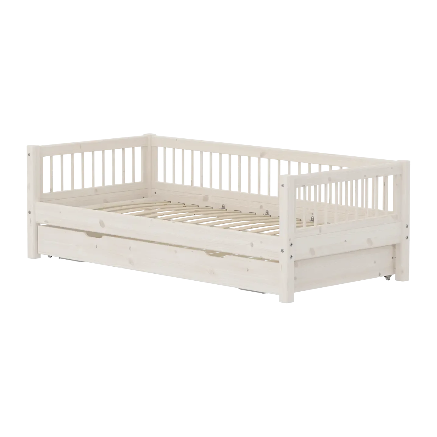 Single Bed 90x200 cm with Pull-out Bed 90x190 cm and Safety Rail with Crossbars, CLASSIC White Washed