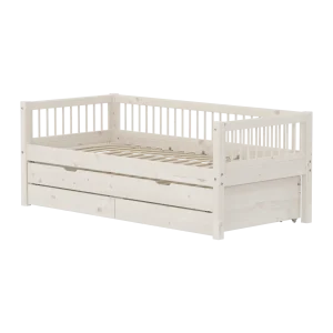 Single Bed 90x200 cm with Pull-out Bed 90x190 cm and Storage, CLASSIC White Washed, Crossbars