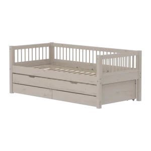Single Bed 90x200 cm with Pull-out Bed 90x190 cm, Storage and Safety Rail with Crossbars, Grey