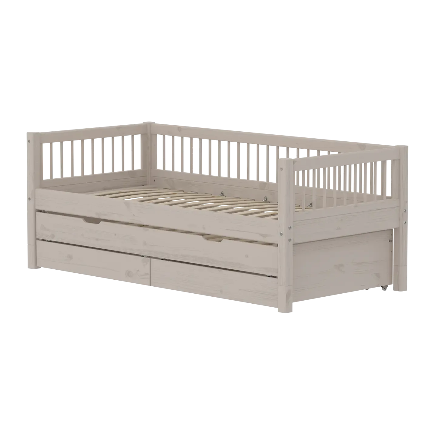 Single Bed 90x200 cm with Pull-out Bed 90x190 cm, Storage and Safety Rail with Crossbars, Grey